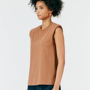 Tibi Padded Shoulder Sleeveless Top Sienna Brown Medium Cotton Casual Comfort